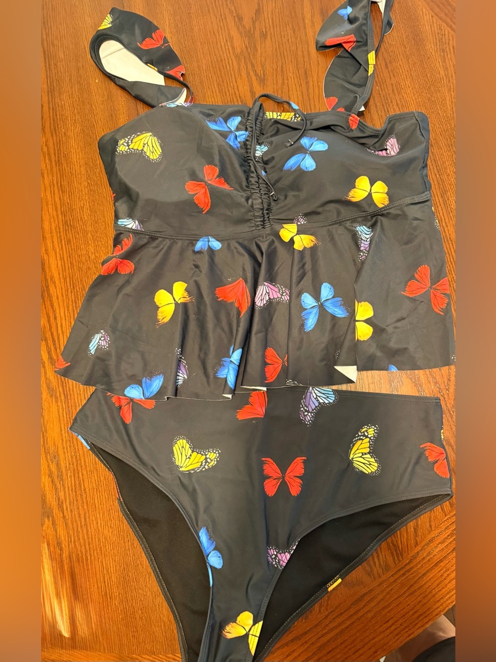 Women’s Plus SHEIN 3X Black Butterfly Ruffle Flowy Tankini Swimsuit Top Bottom